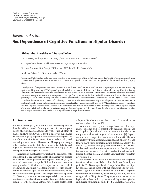 (PDF) Sex Dependence of Cognitive Functions in Bipolar Disorder