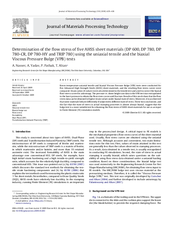(PDF) Determination of the flow stress of five AHSS sheet materials (DP ...