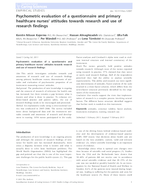 (PDF) Psychometric evaluation of a questionnaire and primary healthcare ...