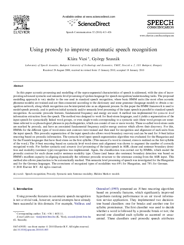 (PDF) Using prosody to improve automatic speech recognition