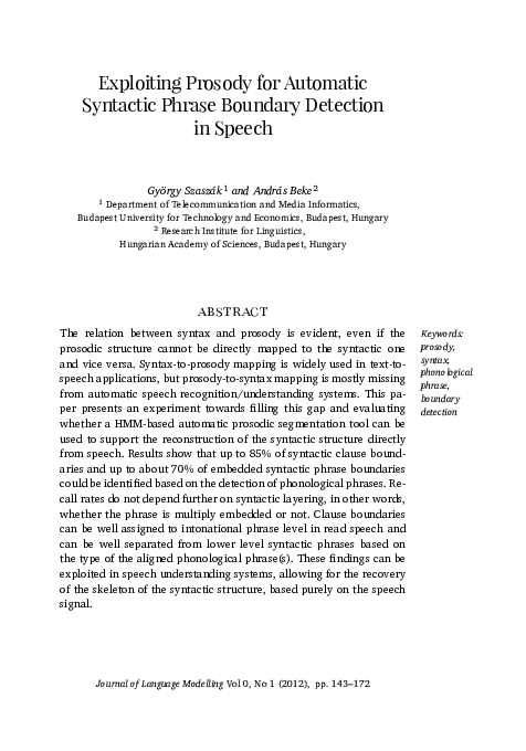 (PDF) Exploiting Prosody for Syntactic Analysis in Automatic Speech ...
