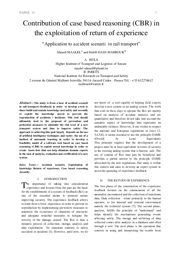 (PDF) Contribution of case based reasoning (CBR) in the exploitation of ...