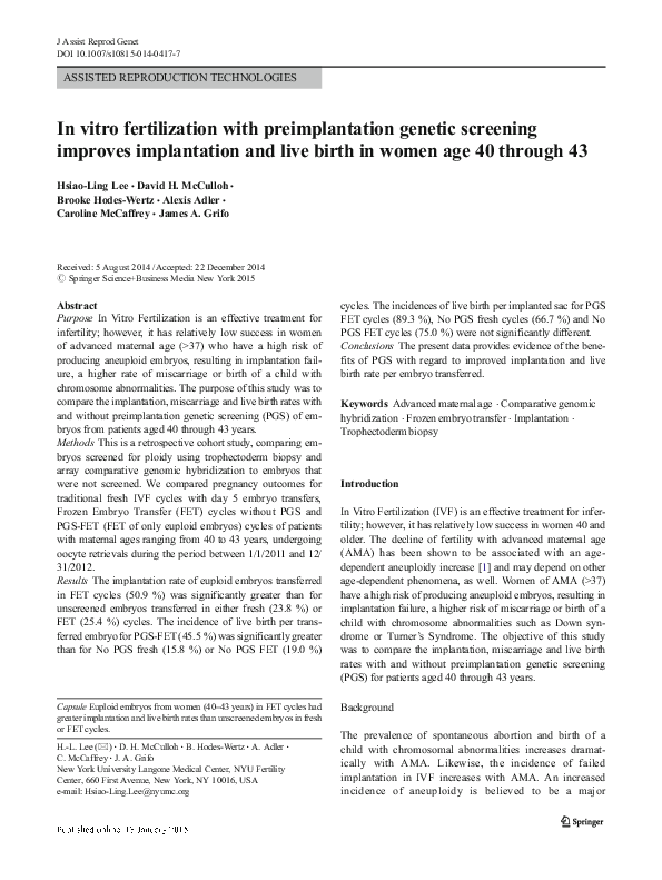 (PDF) In vitro fertilization with preimplantation genetic screening ...