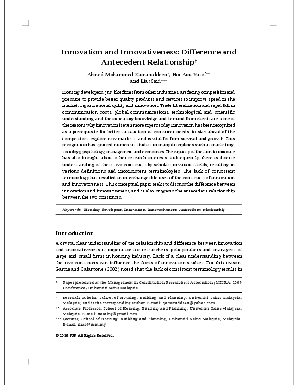 (PDF) Innovation and Innovativeness: Difference and Antecedent Relationship