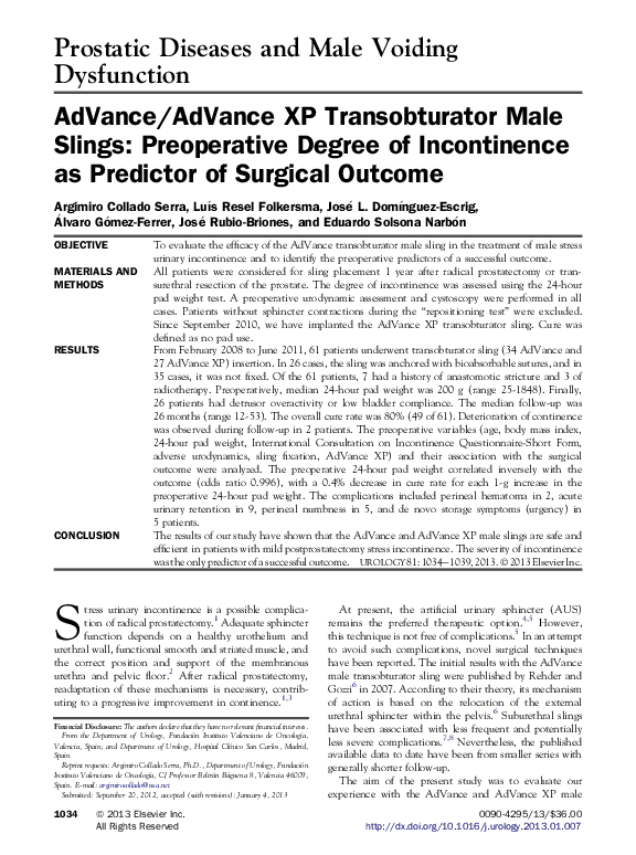 (PDF) AdVance/AdVance XP Transobturator Male Slings Preoperative