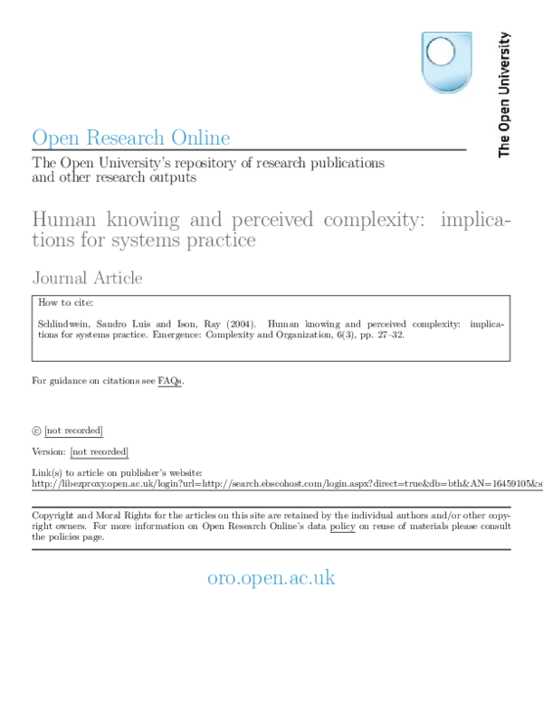 (PDF) Human knowing and perceived complexity: implications for systems ...