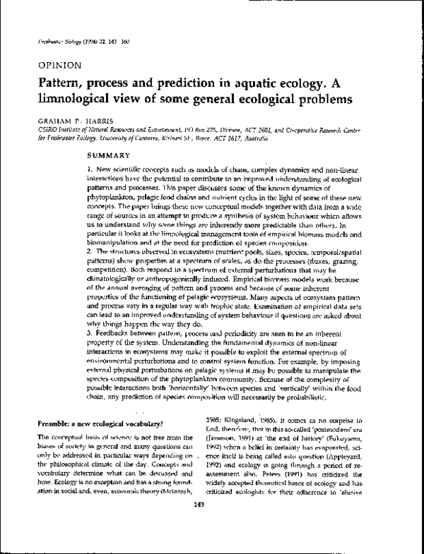 (PDF) Pattern, process and prediction in aquatic ecology. A ...