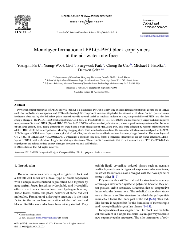 (PDF) Monolayer formation of PBLG–PEO block copolymers at the air–water ...