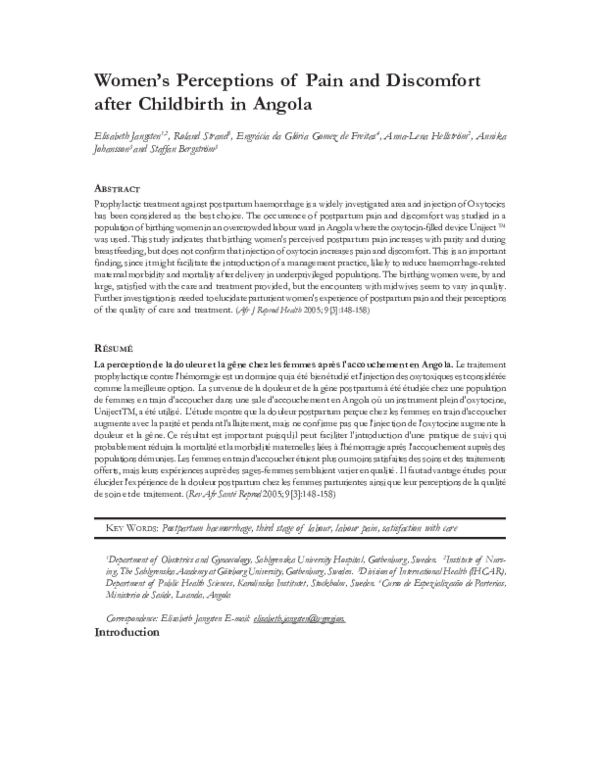 (PDF) Women's Perceptions of Pain and Discomfort after Childbirth in Angola