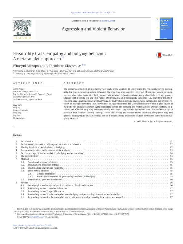 (PDF) Personality traits, empathy and bullying behavior: A meta ...