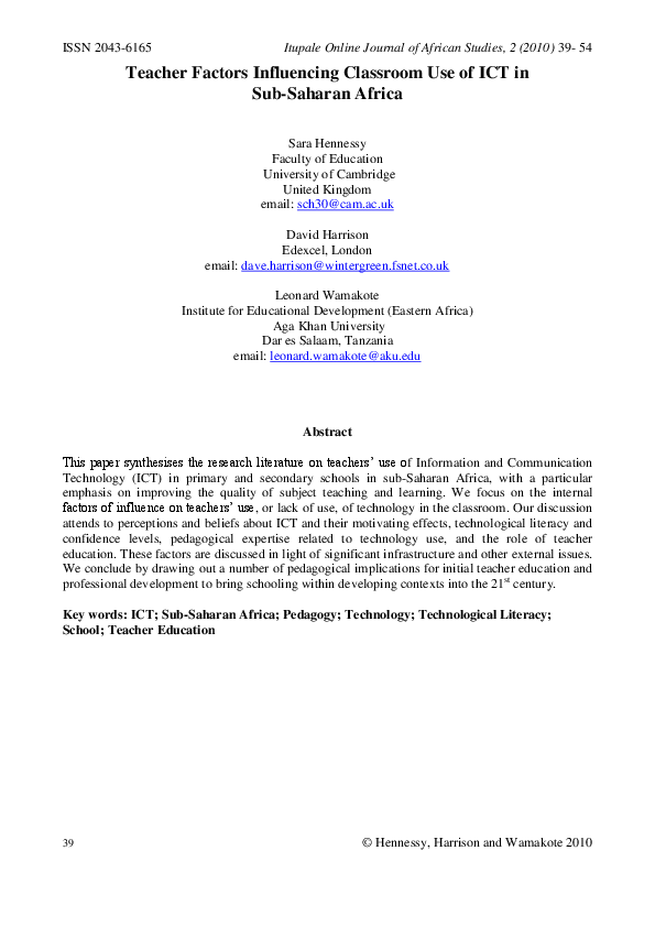 (PDF) Teacher Factors Influencing Classroom Use of ICT in Sub-Saharan ...
