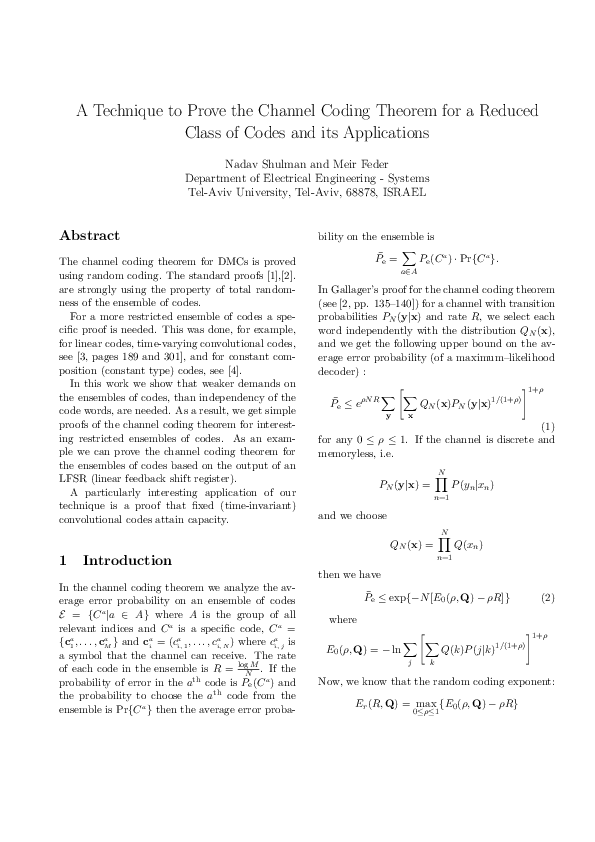 (PDF) A technique to prove the channel coding theorem for a reduced ...