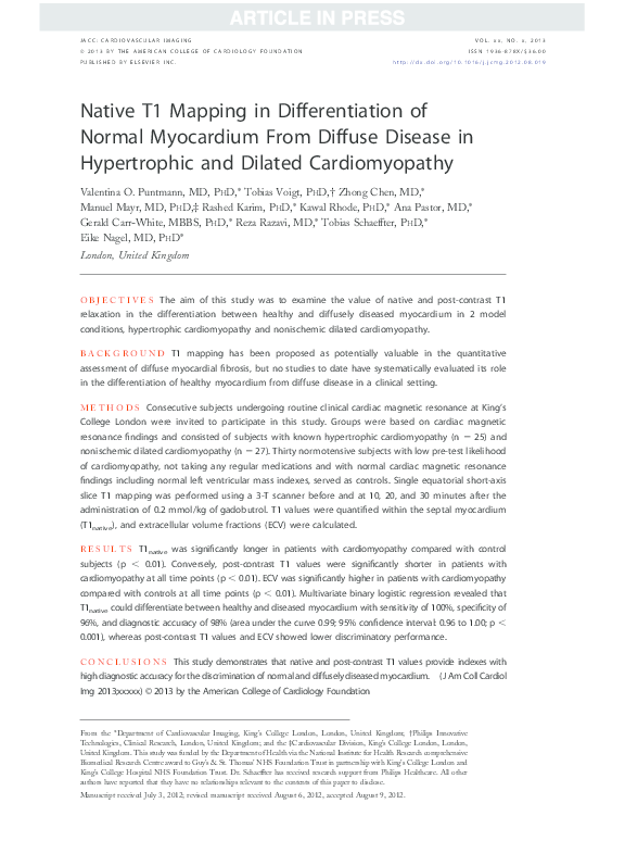 (PDF) Native T1 Mapping in Differentiation of Normal Myocardium From ...