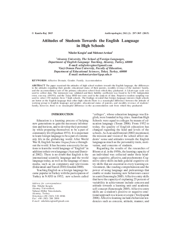 (PDF) ATTITUDES OF STUDENTS TOWARDS THE ENGLISH LANGUAGE IN HIGH SCHOOLS