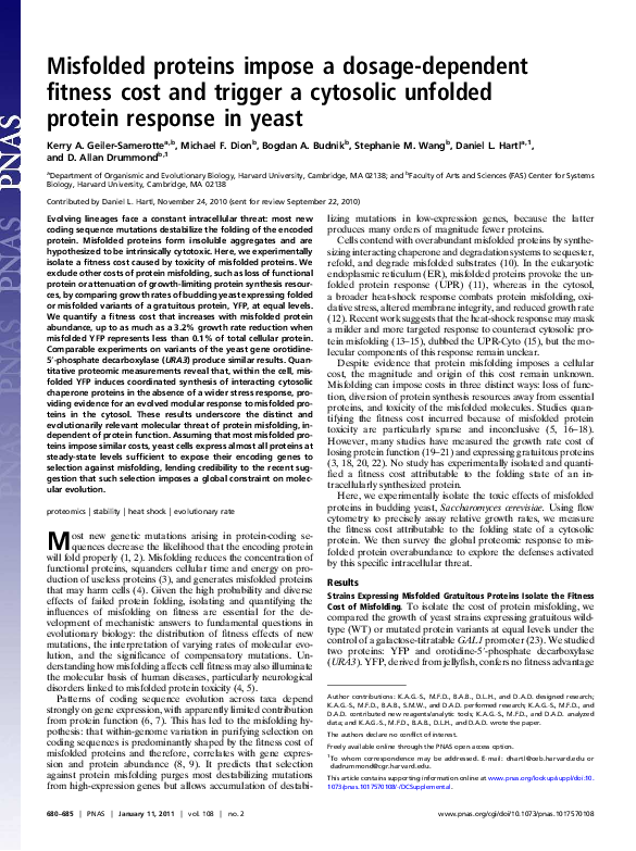 (PDF) Misfolded proteins impose a dosagedependent fitness cost and