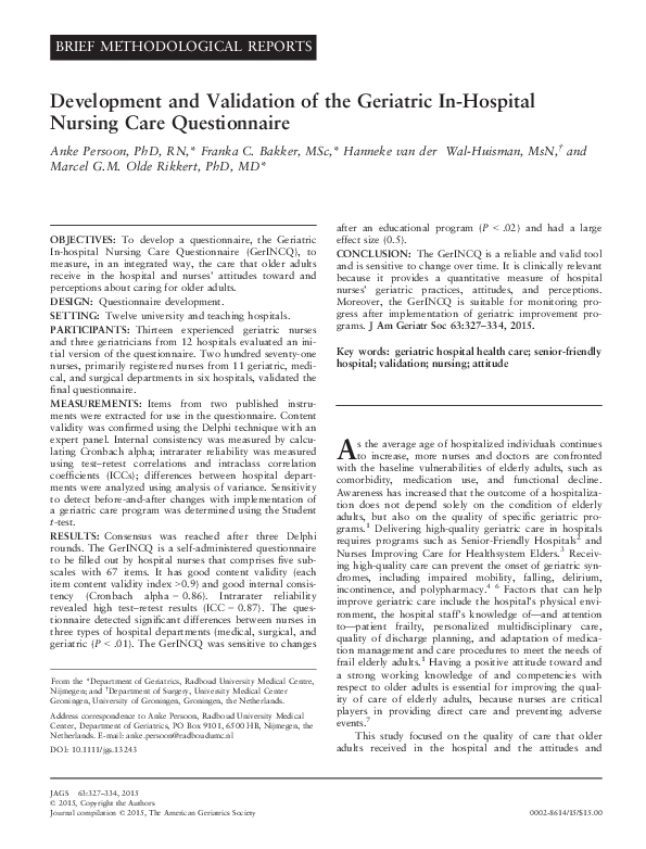 (PDF) Development and validation of the geriatric inhospital nursing