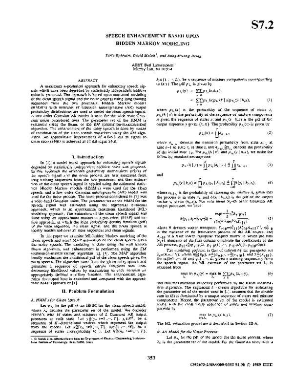 (PDF) Speech enhancement based upon hidden Markov modeling