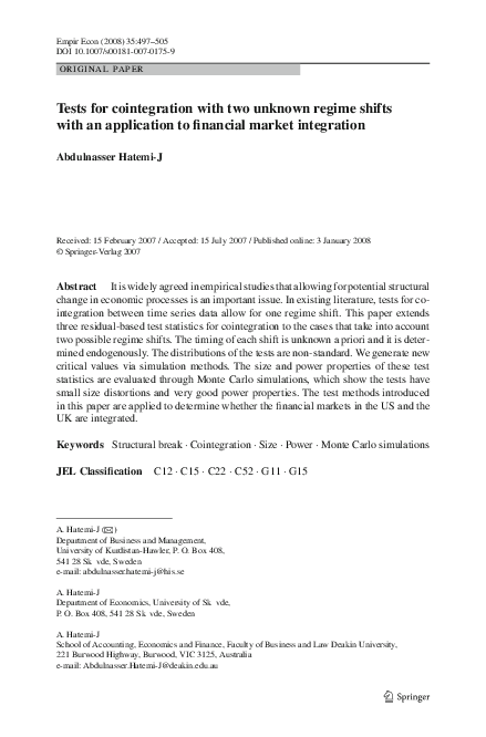 (PDF) Tests for cointegration with two unknown regime shifts