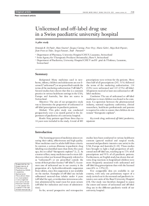 (PDF) Unlicensed and offlabel drug use in a Swiss paediatric