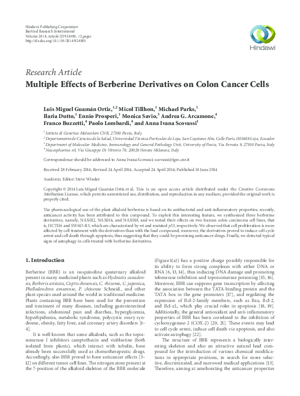 (PDF) Multiple Effects of Berberine Derivatives on Colon Cancer Cells