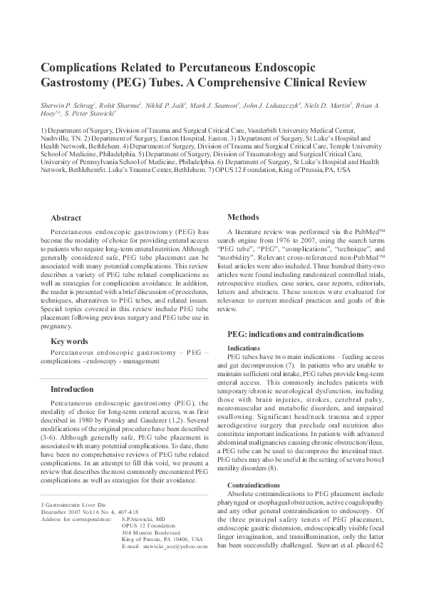 (PDF) Complications related to percutaneous endoscopic gastrostomy (PEG