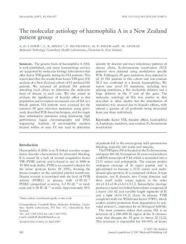 (PDF) The molecular aetiology of haemophilia A in a New Zealand patient ...