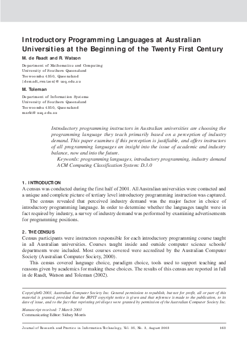 (PDF) Introductory programming languages at Australian universities at ...