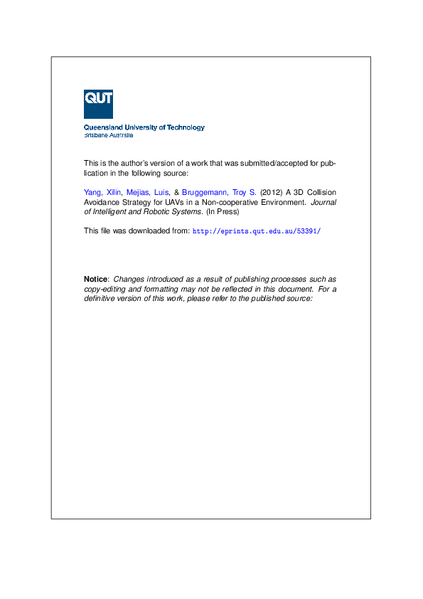 (PDF) A 3D collision avoidance strategy for UAVs in a non-cooperative ...