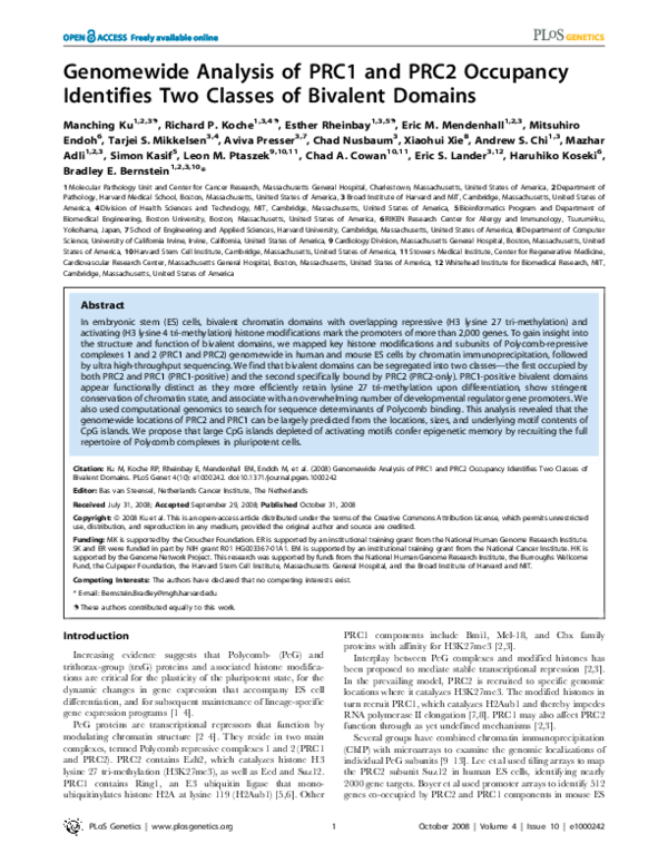 (PDF) Genomewide Analysis of PRC1 and PRC2 Occupancy Identifies Two ...