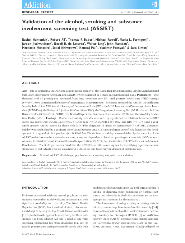 (PDF) Validation of the Alcohol, Smoking and Substance Involvement ...