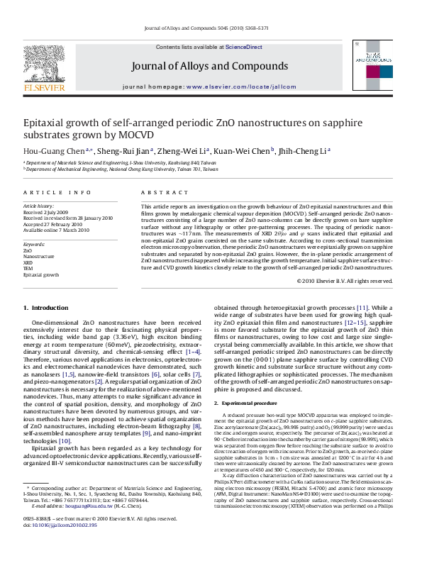 (PDF) Epitaxial growth of self-arranged periodic ZnO nanostructures on ...