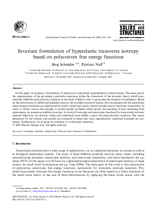 Pdf Invariant Formulation Of Hyperelastic Transverse Isotropy Based On Polyconvex Free Energy Functions Jorg Schroder Academia Edu