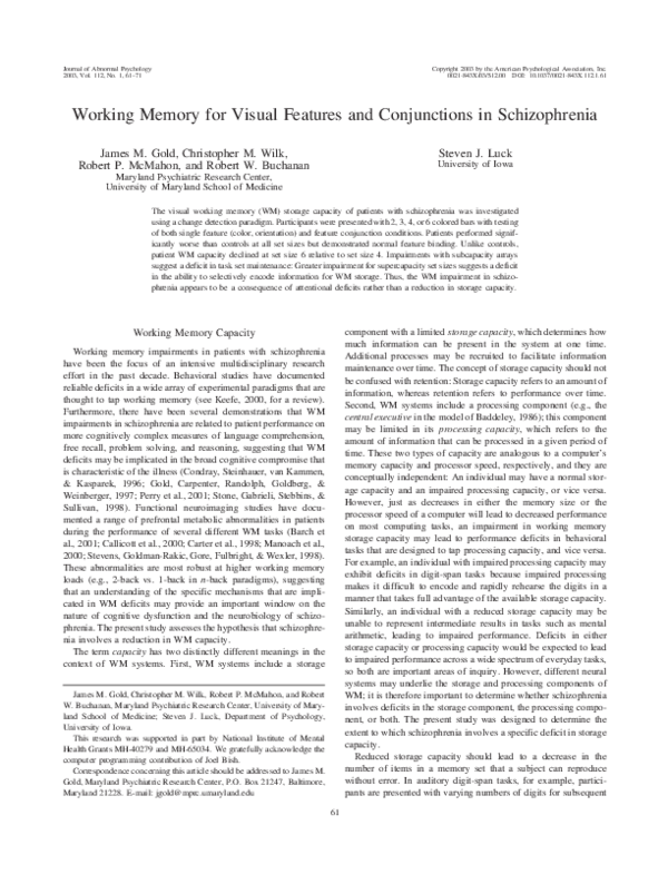 (PDF) Working memory for visual features and conjunctions in schizophrenia