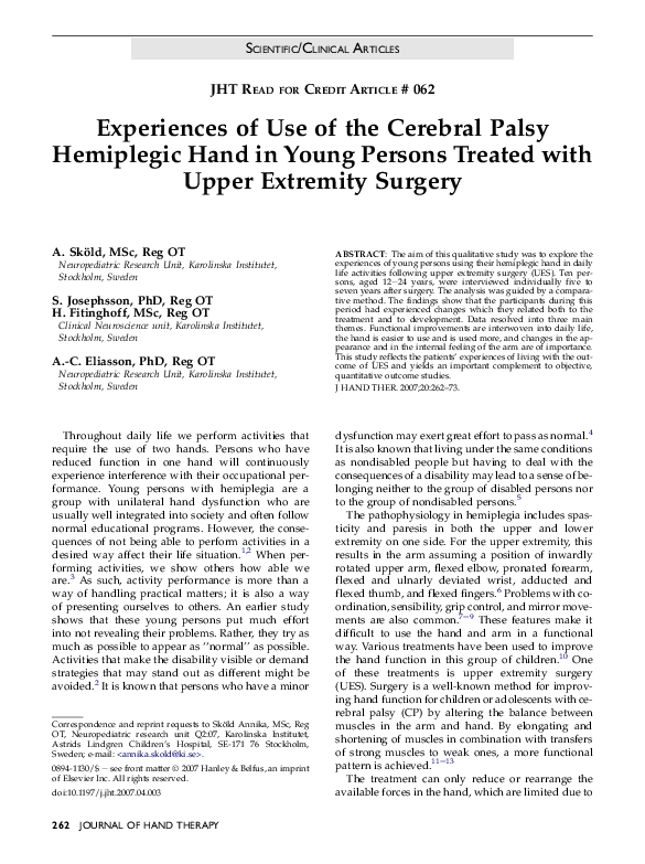 (PDF) Experiences of Use of the Cerebral Palsy Hemiplegic Hand in Young ...