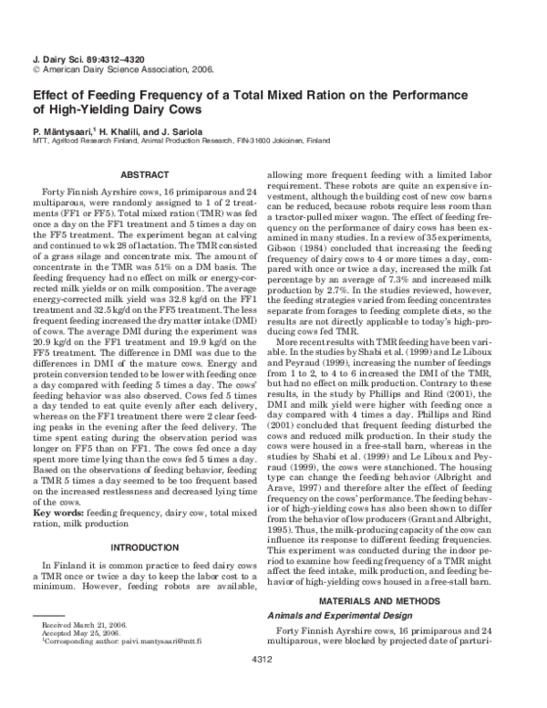 (PDF) Effect of feeding frequency of a total mixed ration on the