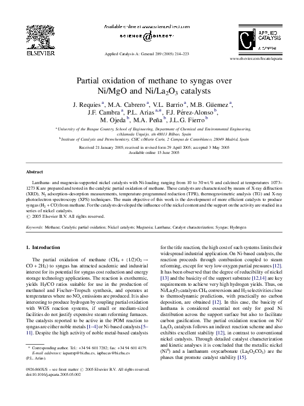 (PDF) Partial oxidation of methane to syngas over Ni/MgO and Ni/La2O3 ...