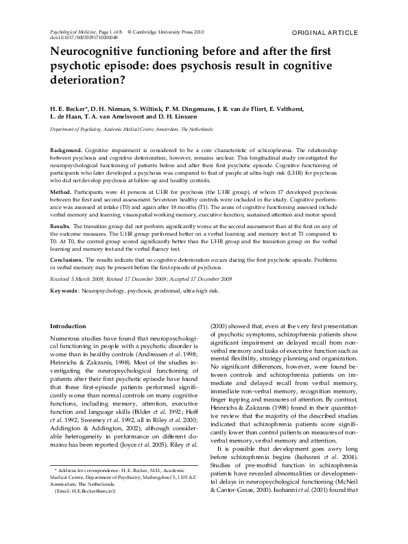 (PDF) Neurocognitive functioning before and after the first psychotic ...