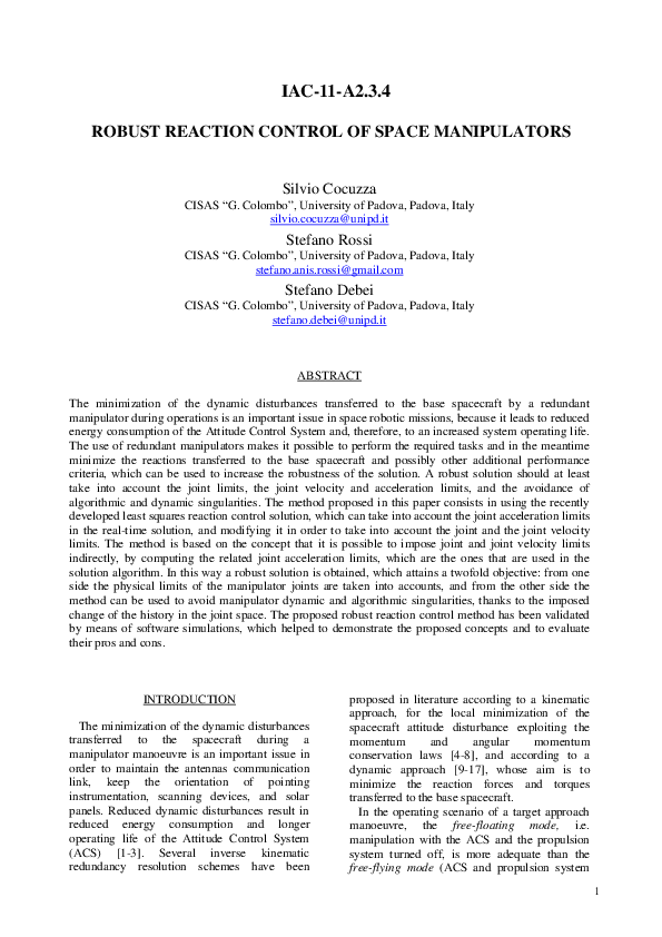 (PDF) ROBUST REACTION CONTROL OF SPACE MANIPULATORS