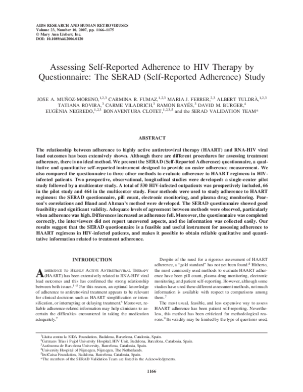 (PDF) Assessing SelfReported Adherence to HIV Therapy by Questionnaire