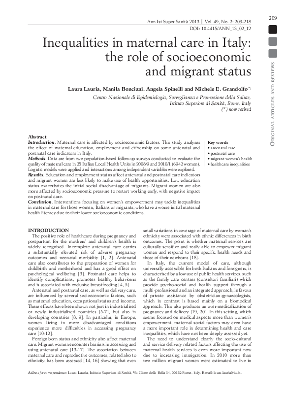 (PDF) Inequalities in maternal care in Italy: the role of socioeconomic ...