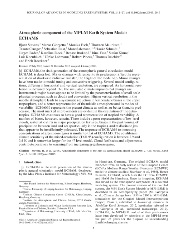 (PDF) Atmospheric component of the MPI-M Earth System Model: ECHAM6