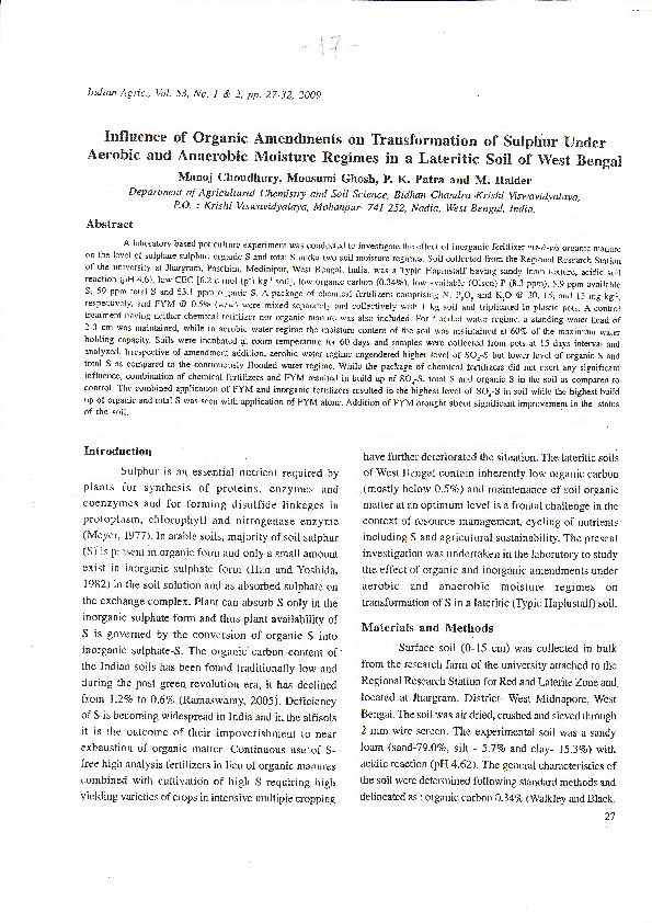 (PDF) Influence of Organic Amendments on Thansformation of Sulphur ...