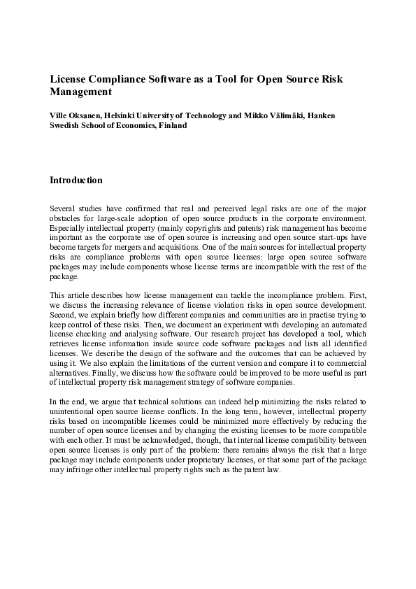 (PDF) License Compliance Software as a Tool for Open Source Risk Management
