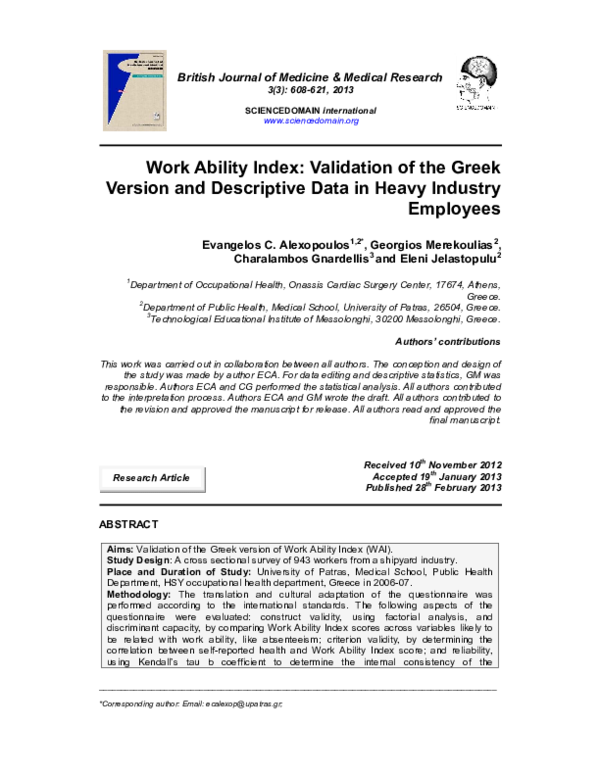 (PDF) Work Ability Index: Validation of the Greek Version and ...