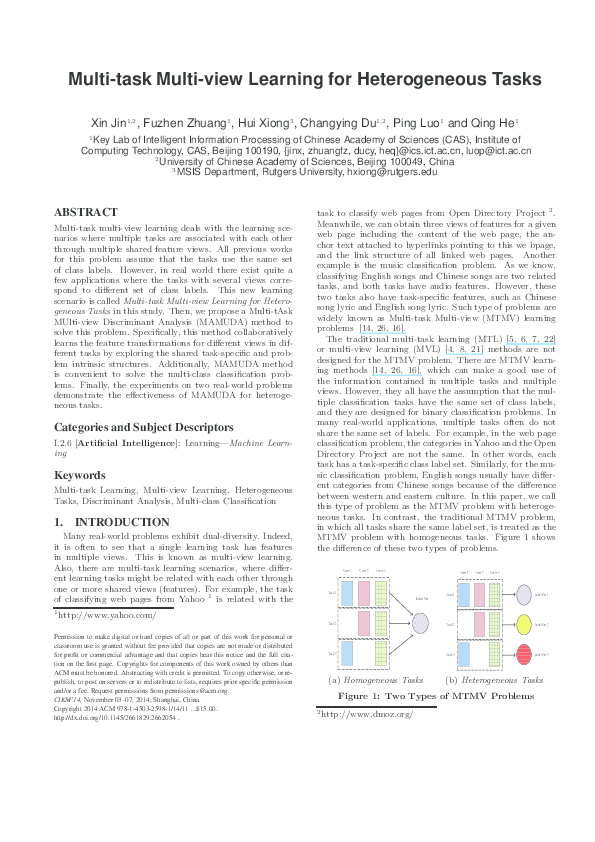 (PDF) Multi-task Multi-view Learning for Heterogeneous Tasks