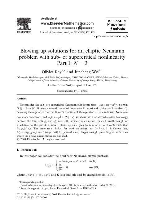 (PDF) Blowing up solutions for an elliptic Neumann problem with sub- or ...