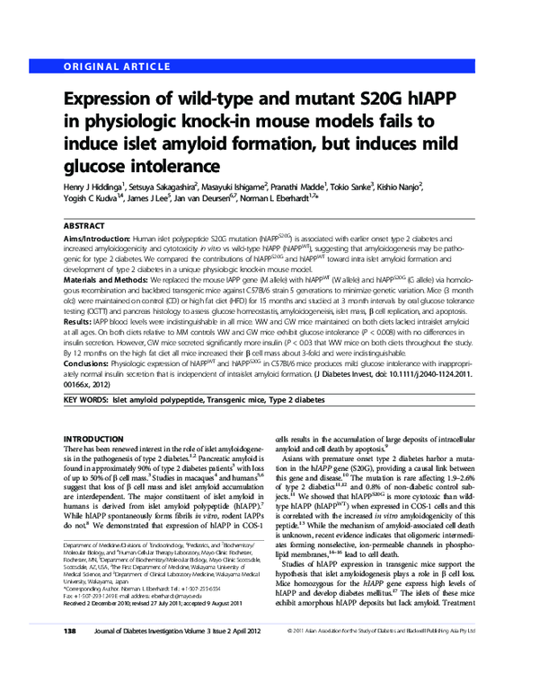 (PDF) Expression of wild-type and mutant S20G hIAPP in physiologic ...