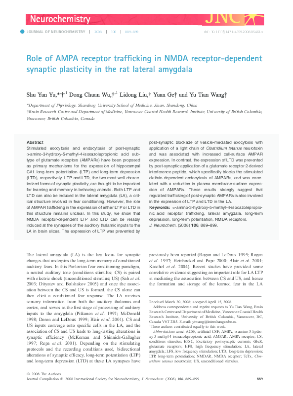 (PDF) Role of AMPA receptor trafficking in NMDA receptor-dependent ...