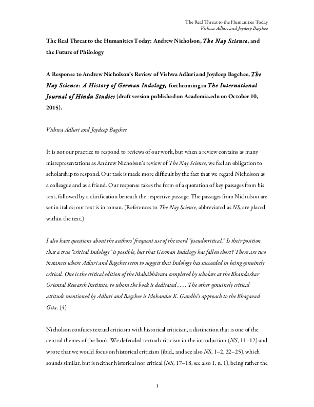 The Real Threat to the Humanities Today: Andrew Nicholson, The Nay Science, and the Future of Philology