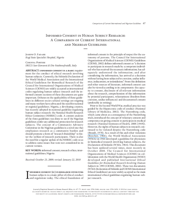 (PDF) Informed Consent in Human Subject Research: A Comparison of ...